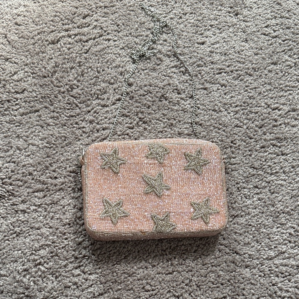 Beaded Star Appliqué Chain Clutch - Pink